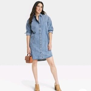 Universal Thread Long Sleeve Mini Shirtdress Acid Wash Indigo Denim NWT XS